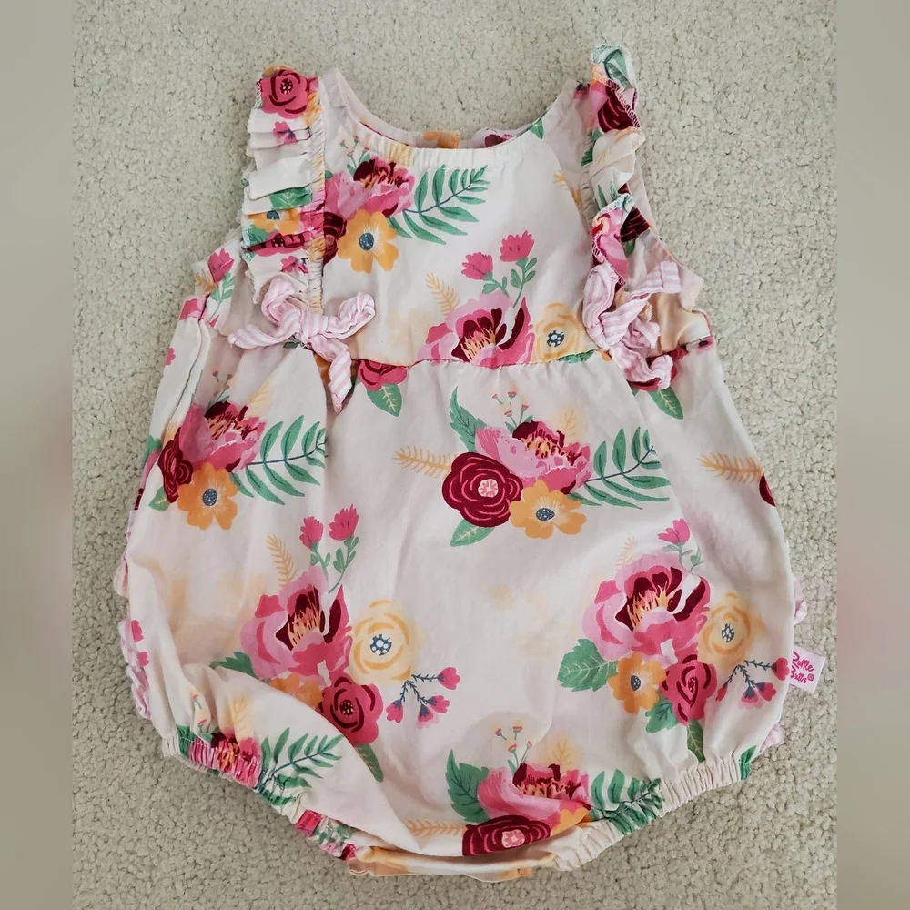 Ruffle Butts Baby Girl Pink Floral Romper Bubble with Ruffles sz3-6m